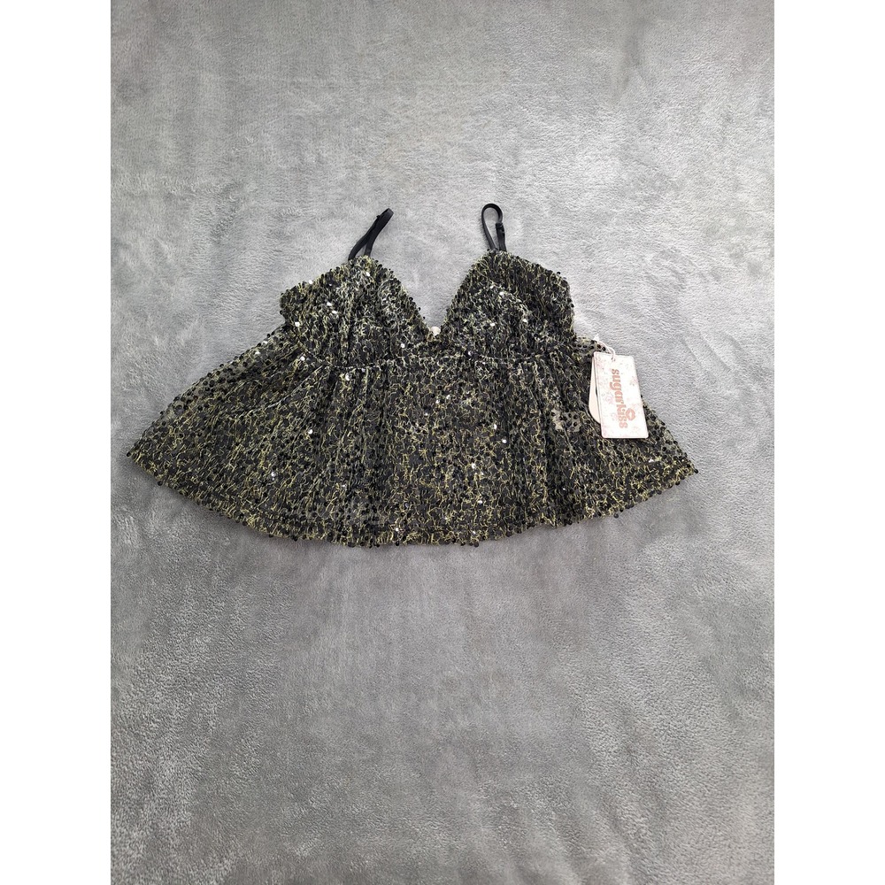 Sugarkiss Womens XL Black Gold Sequin Metallic Mesh Babydoll Camisole Crop‎ Top - Picture 4 of 6